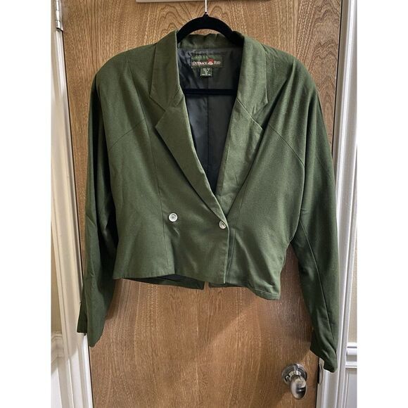Vintage Outback Red 80s Cropped Blazer Olive Double Breasted 100% Silk Size 10 - Picture 1 of 16